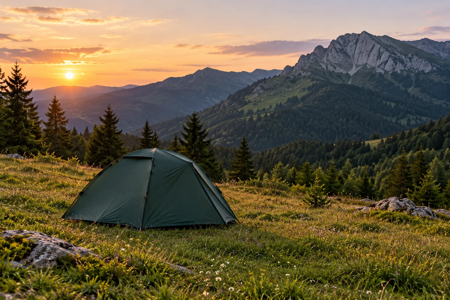 Tente verte installée sur alpage au coucher de soleil, montagnes et sapins en arrière‑plan