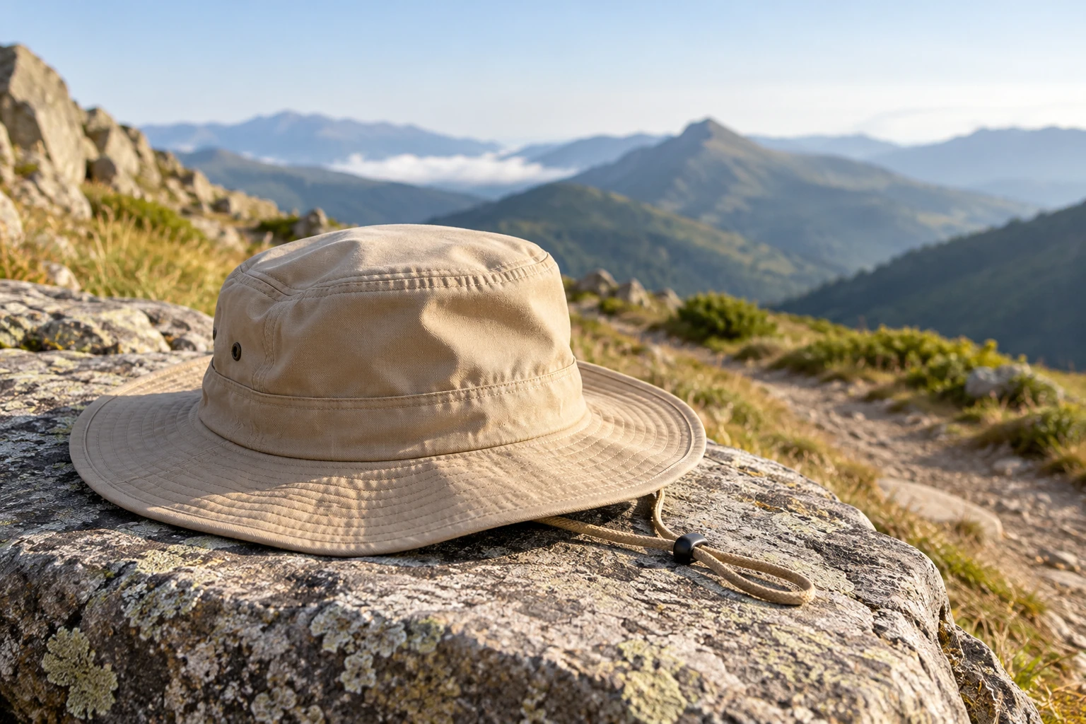 Chapeau kaki à large bord posé sur un rocher, montagne et vallée en arrière-plan