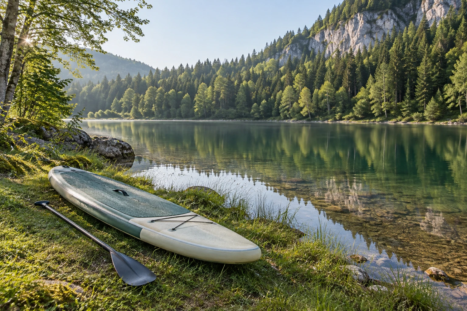Paddle et pagaie posés sur l'herbe au bord d'un lac calme entouré de sapins