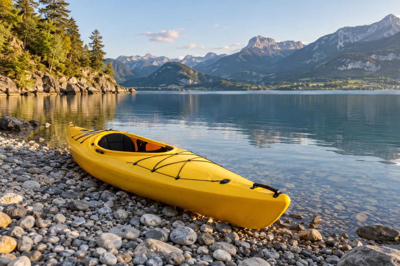 Kayak jaune posé sur galets au bord d'un lac calme, montagnes en arrière-plan