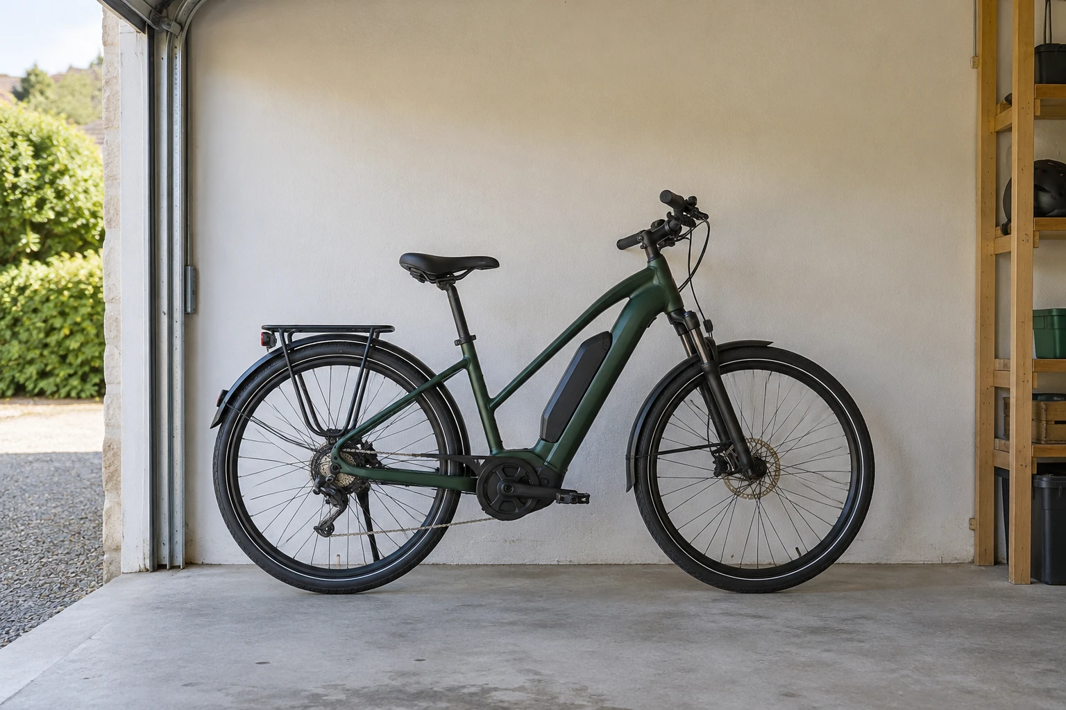 Vélo électrique vert appuyé contre un mur dans un garage, batterie intégrée visible