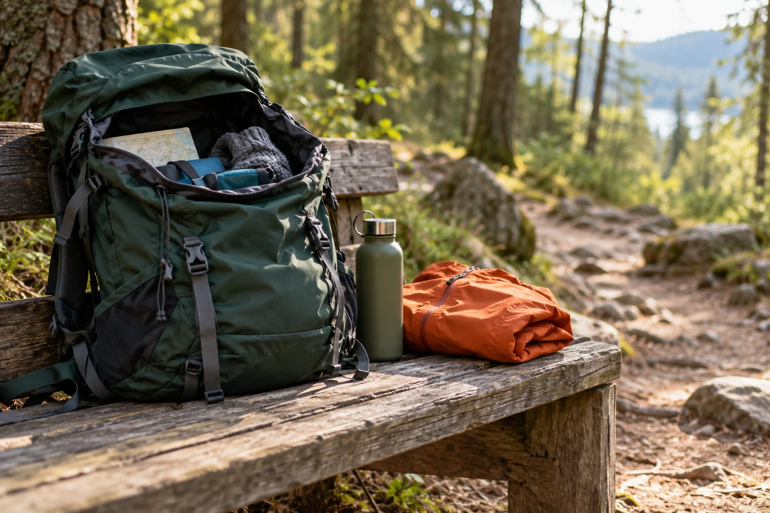 Sac à dos vert ouvert, gourde et veste orange posés sur banc en forêt