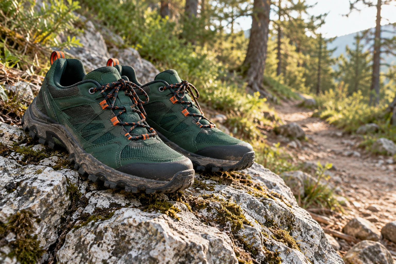 Chaussures de trail vertes posées sur un rocher moussu au bord d'un sentier forestier